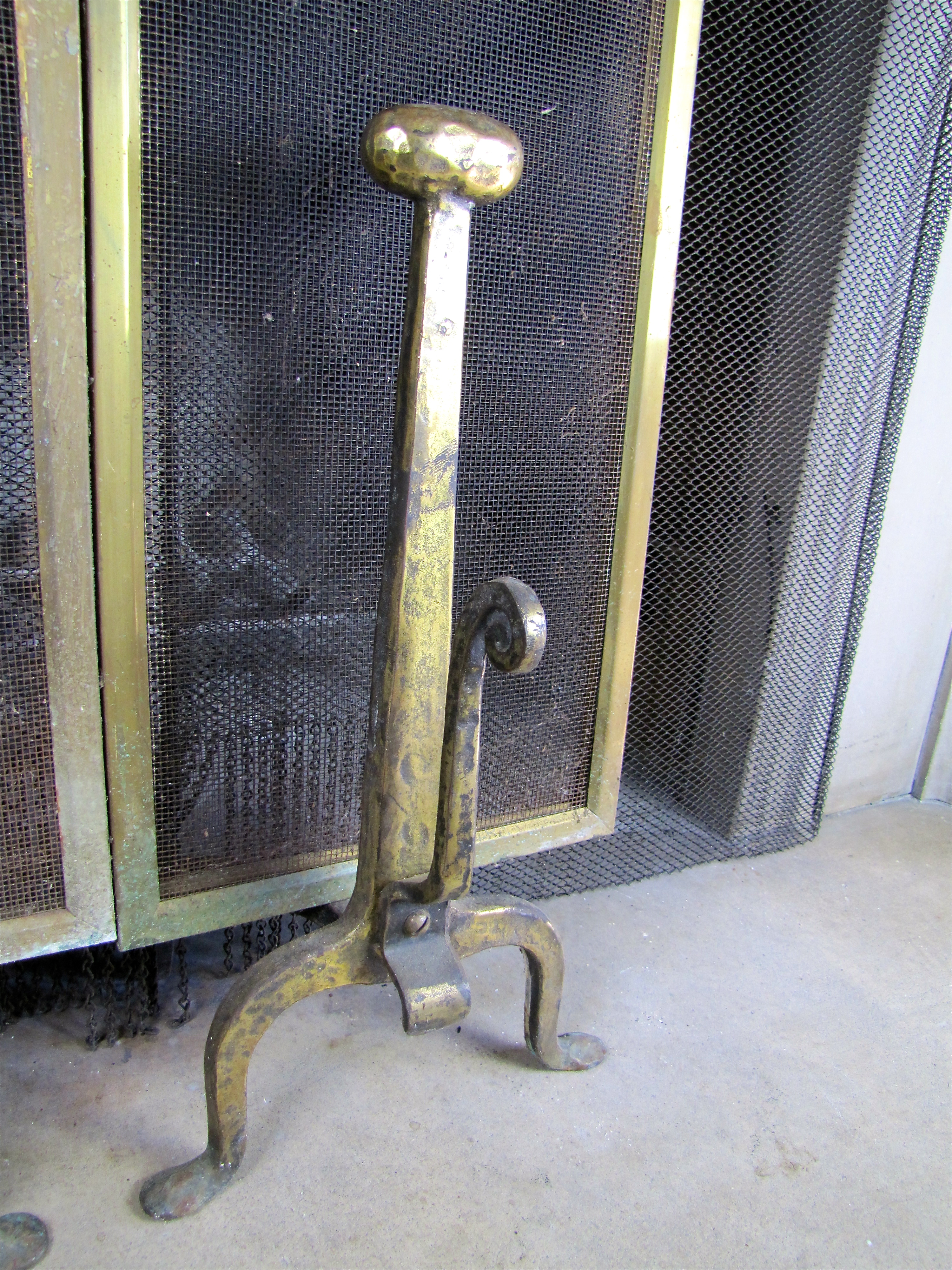 Antique Brass Fireplace Andirons And Folding Screen