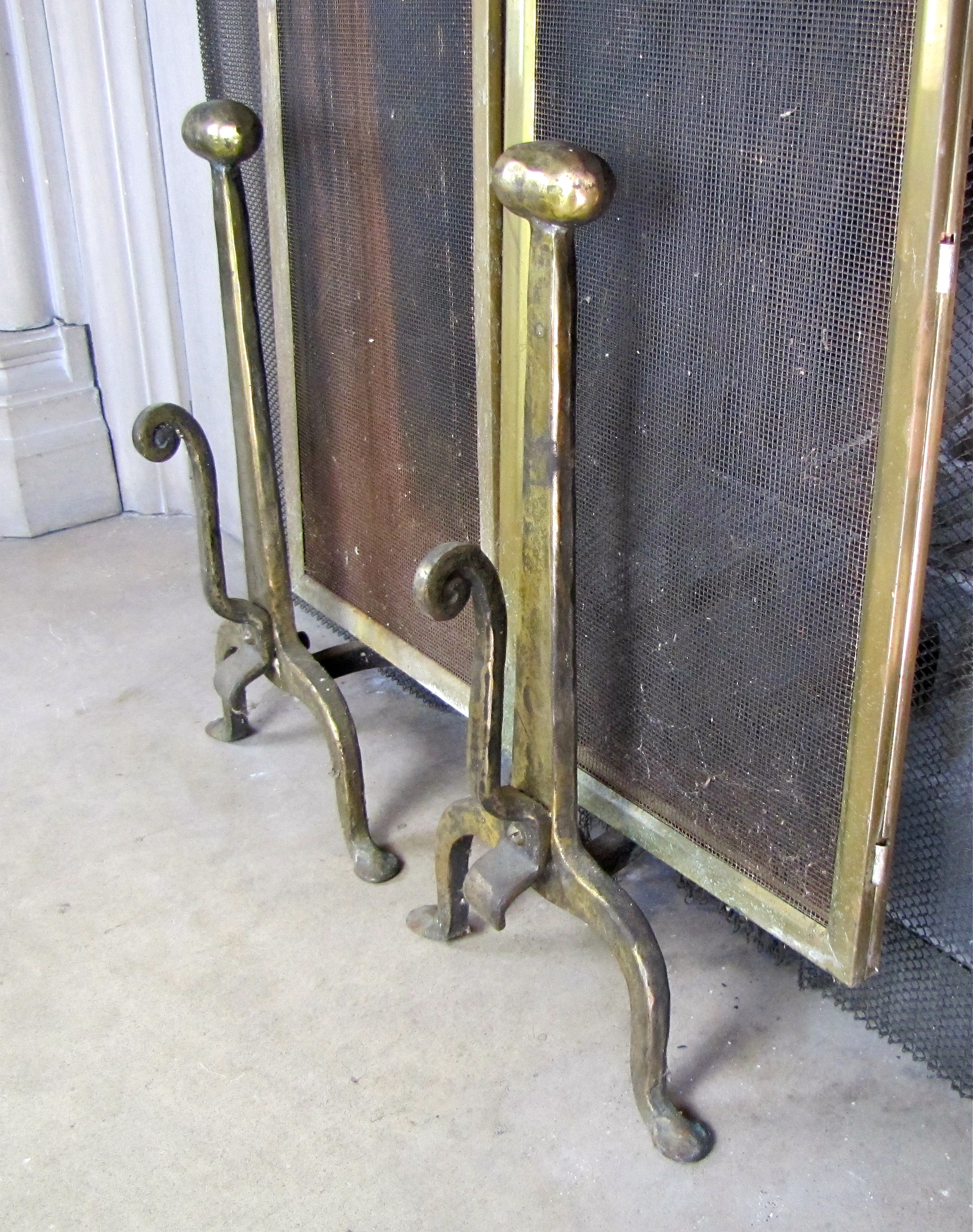 Antique Brass Fireplace Andirons And Folding Screen