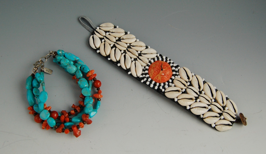 925 Silver Clasp Turquoise and Coral Bead Bracelet and Beaded Fabric Cuff