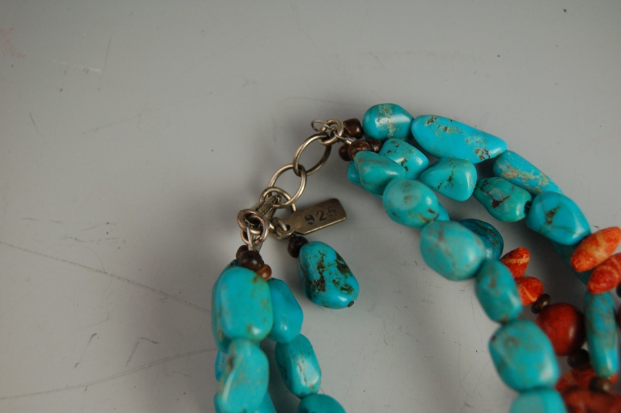 925 Silver Clasp Turquoise and Coral Bead Bracelet and Beaded Fabric Cuff