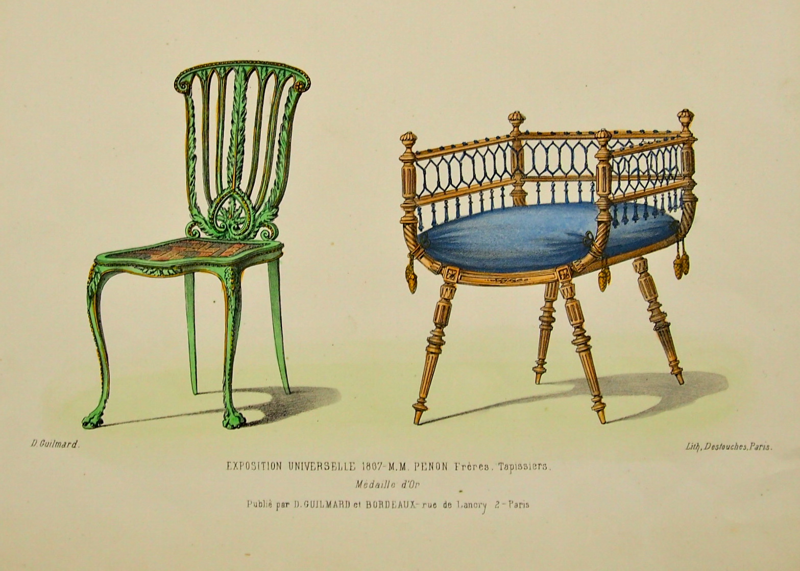 Circa 1880 French Furniture Exposition Original Lithographs by Guilmard