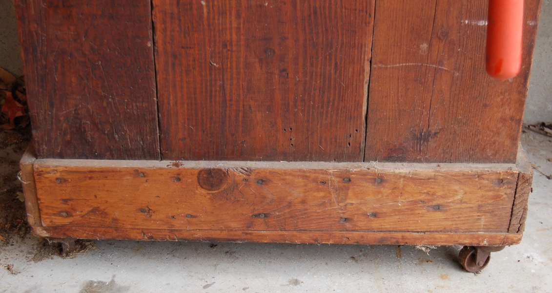 Wood Storage Bin on Casters With Garage Tools