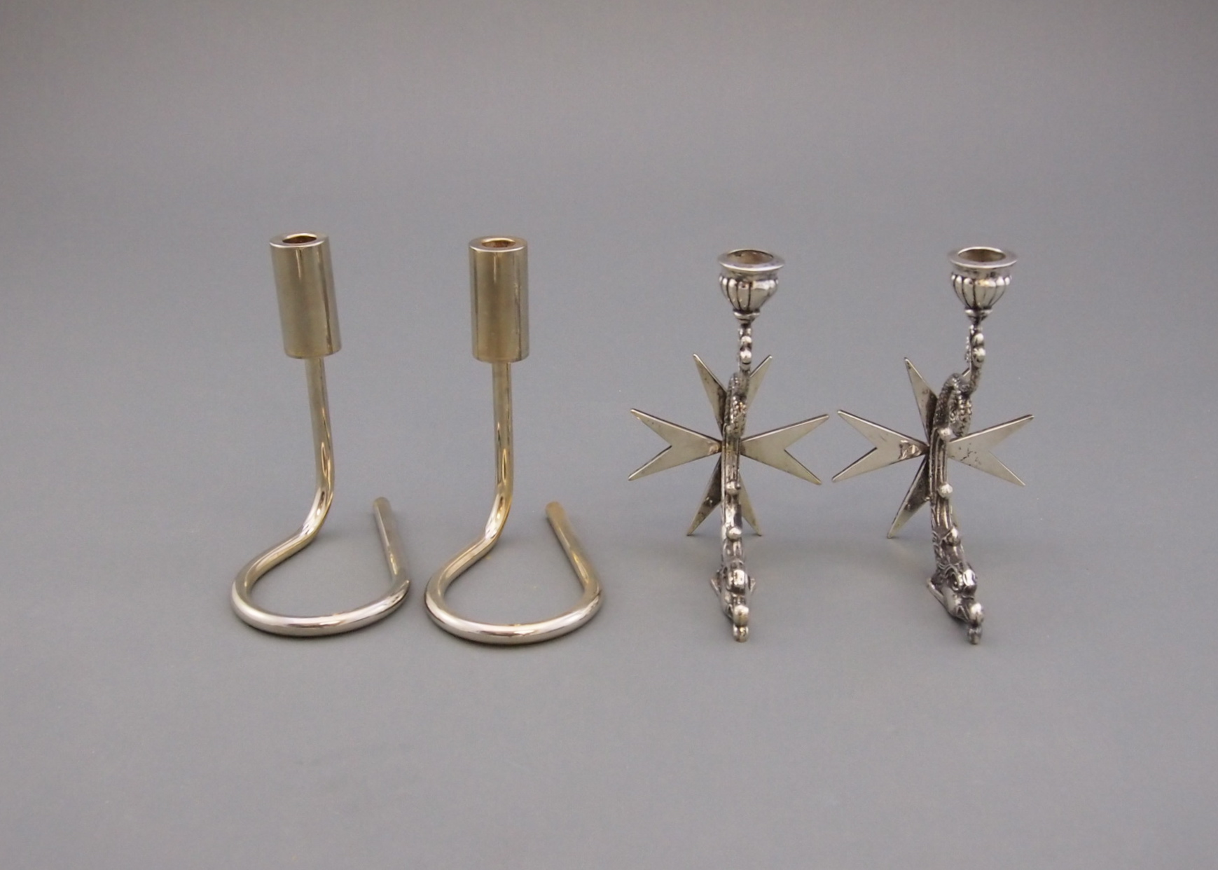 Two Modern Silver Colored Candle Holders
