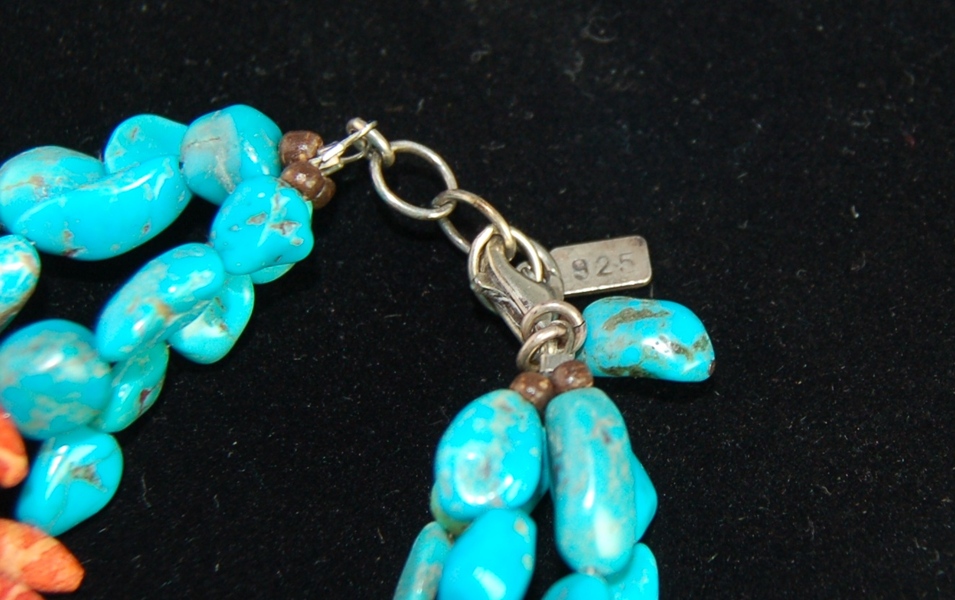 925 Silver Clasp Turquoise and Coral Bead Bracelet and Beaded Fabric Cuff