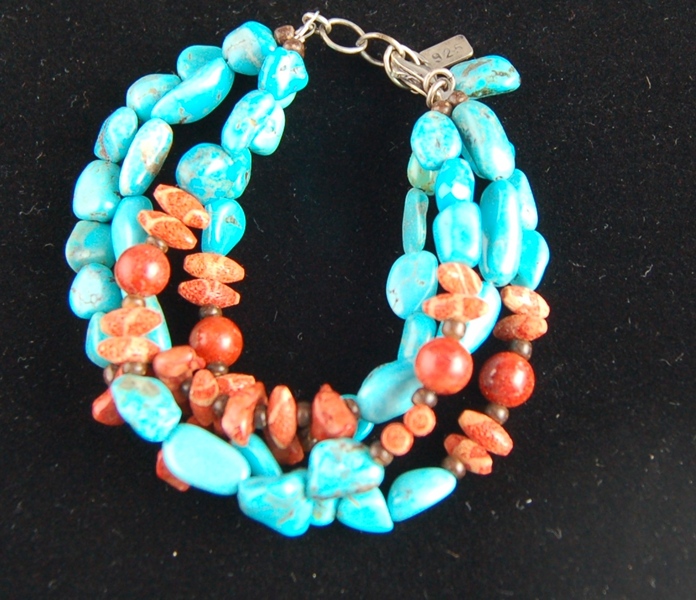 925 Silver Clasp Turquoise and Coral Bead Bracelet and Beaded Fabric Cuff