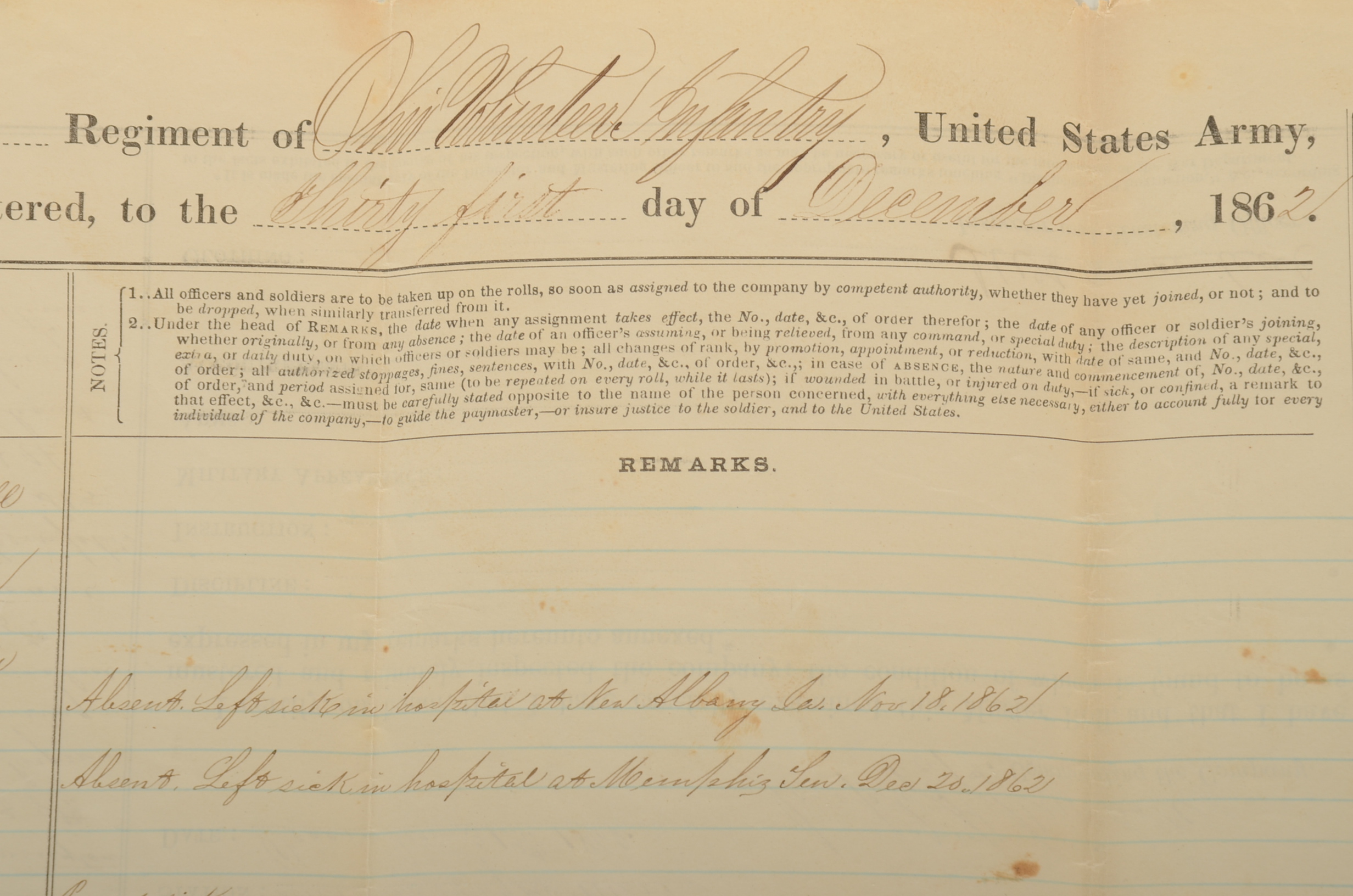 Original 1862 Civil War Muster Roll
