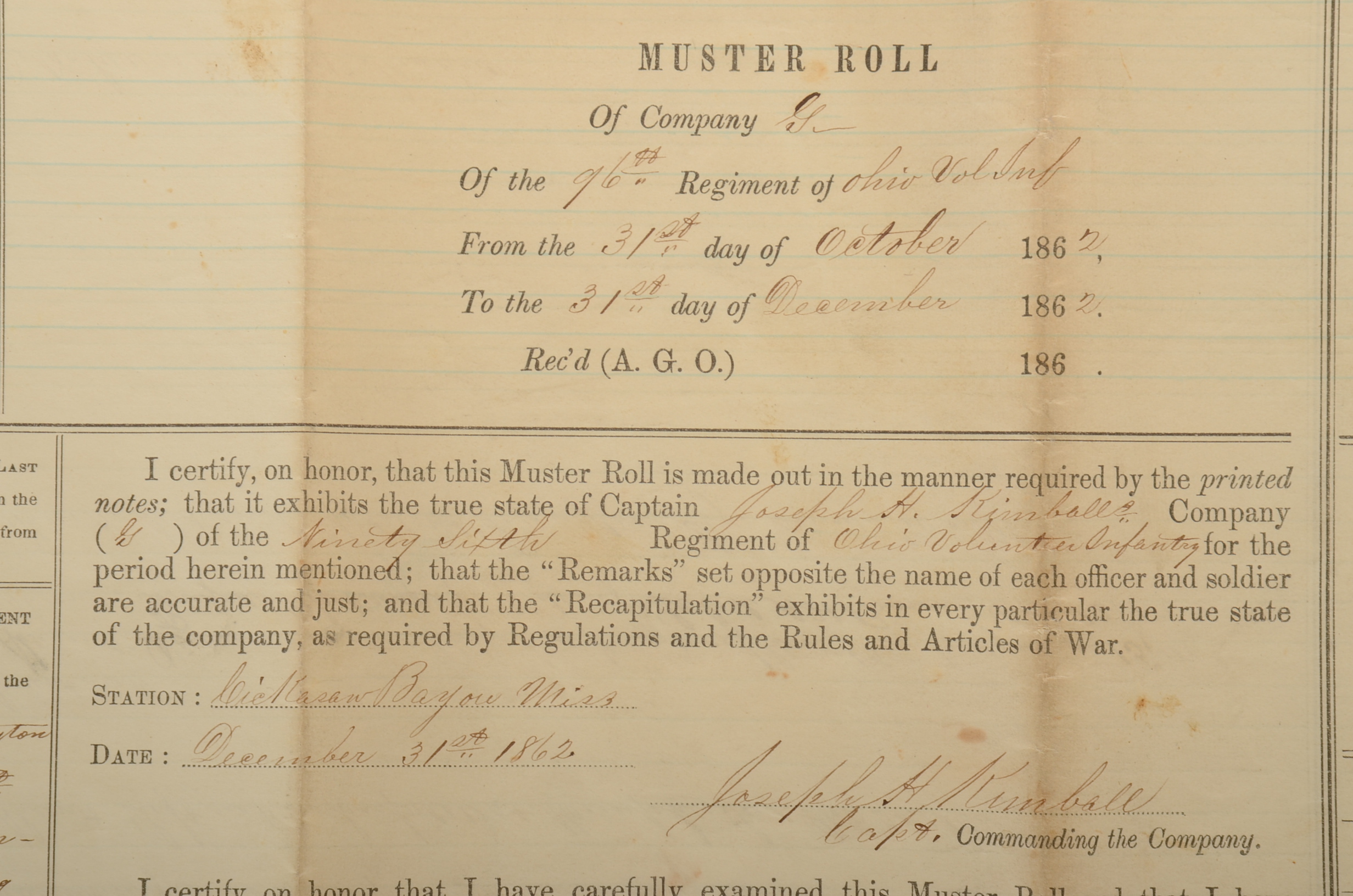 Original 1862 Civil War Muster Roll