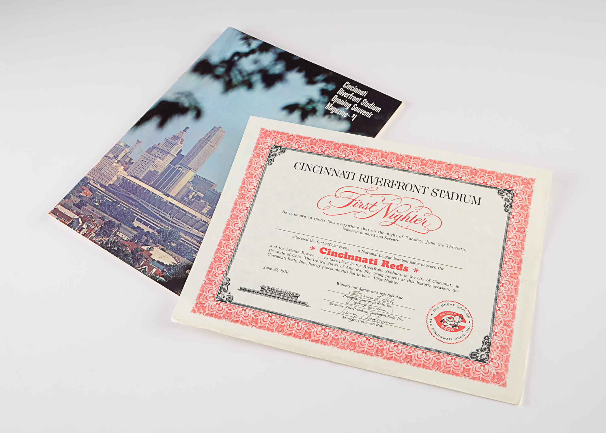 Cincinnati Riverfront Stadium Opening Souvenir Plus "First Nighter" Certificate