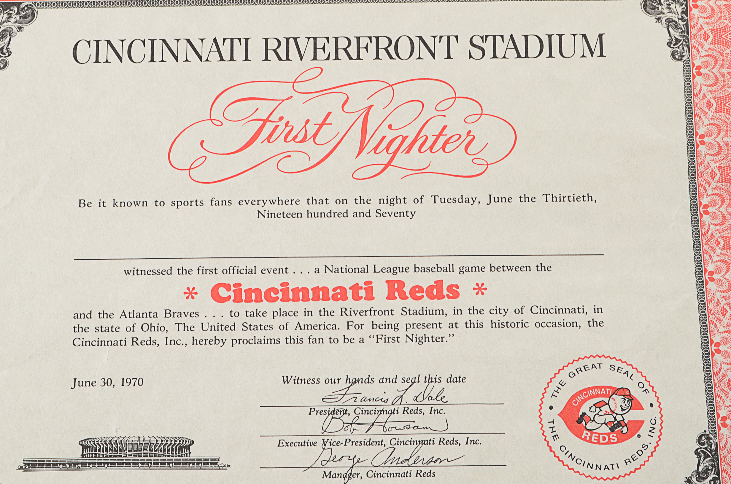 Cincinnati Riverfront Stadium Opening Souvenir Plus "First Nighter" Certificate