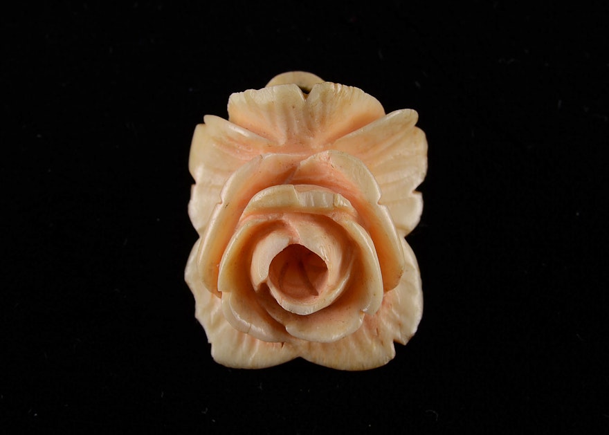 Hand Carved Ivory Rose Pendant Ebth