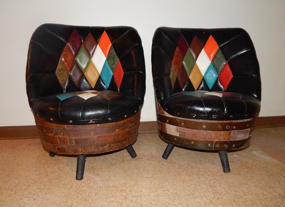 Pair of Whiskey Barrel and Leather-Look Chairs