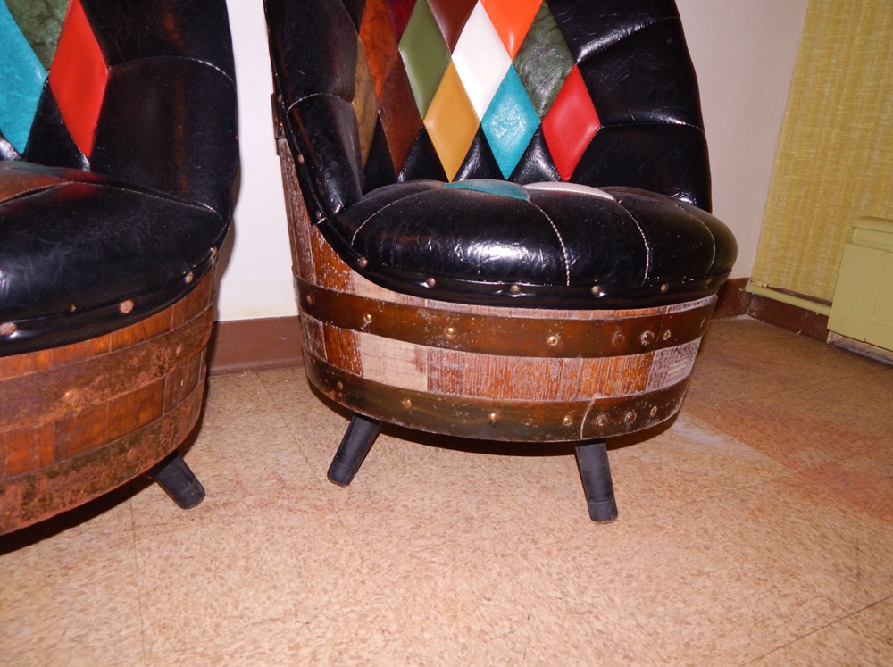 Pair of Whiskey Barrel and Leather-Look Chairs