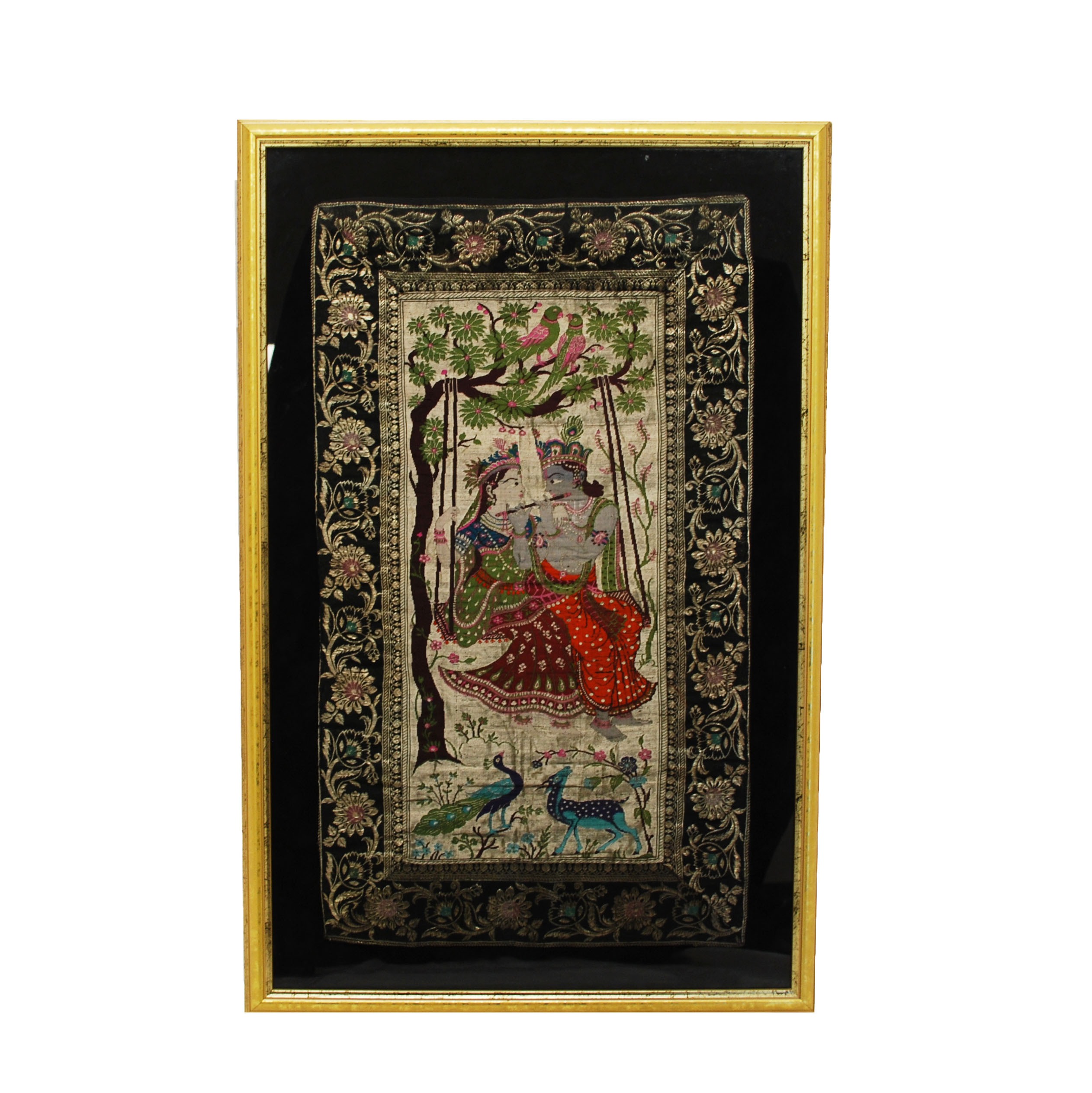 Framed Stitched Art Depicting Radha Krishna on Tree Swing
