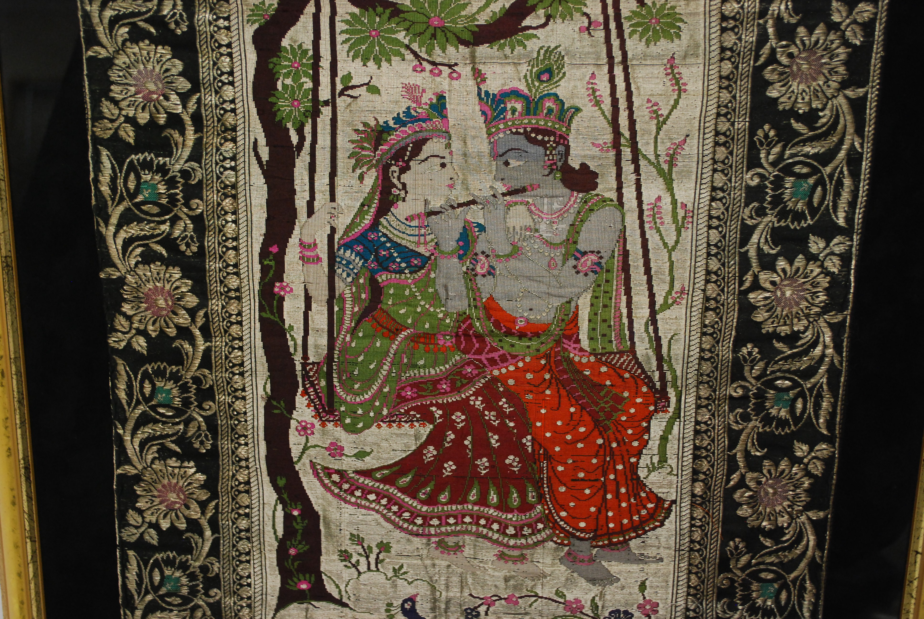 Framed Stitched Art Depicting Radha Krishna on Tree Swing