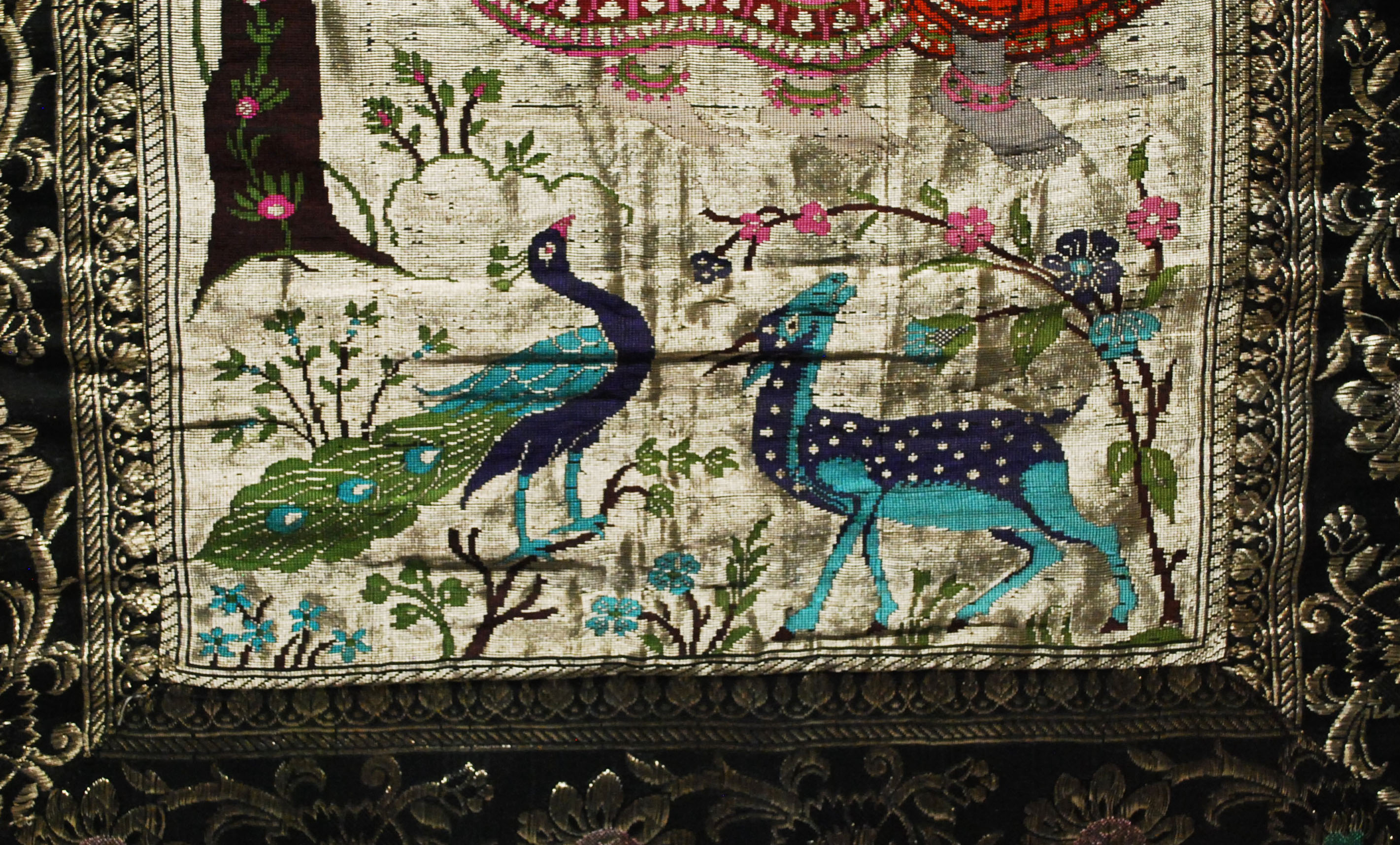 Framed Stitched Art Depicting Radha Krishna on Tree Swing