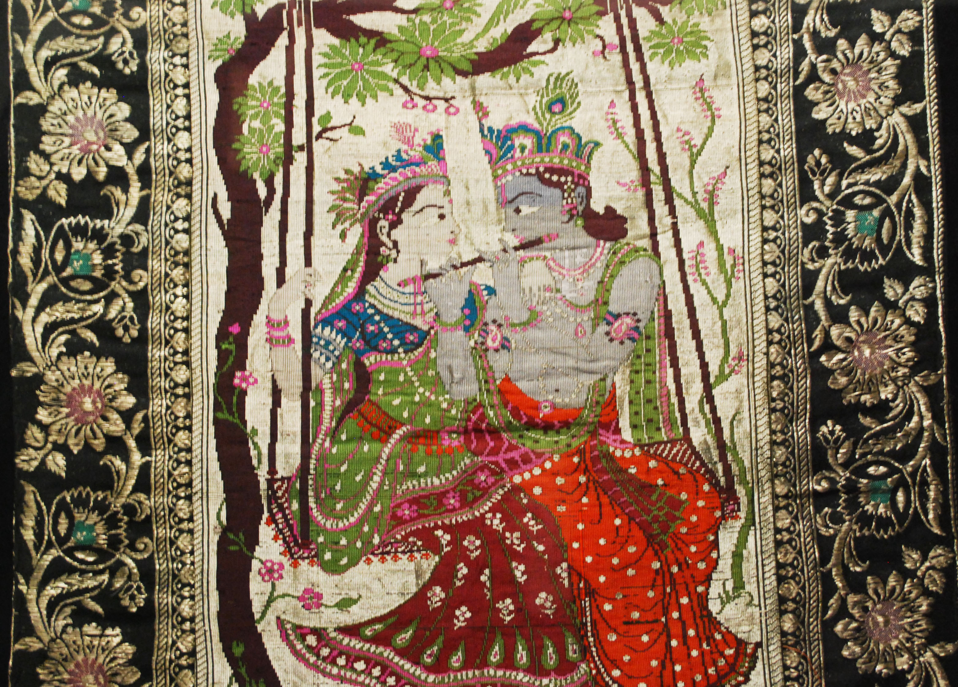 Framed Stitched Art Depicting Radha Krishna on Tree Swing