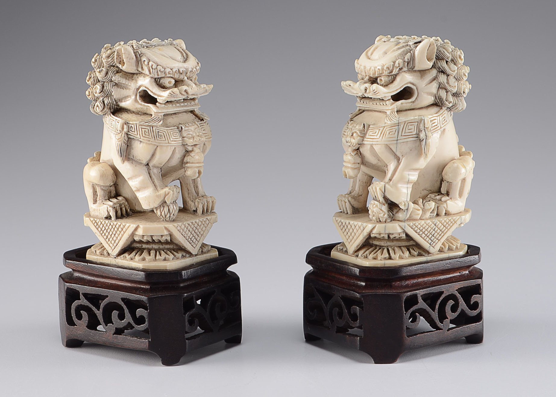 Exquisite Vintage Chinese Ivory Foo Lions with Wooden Stands