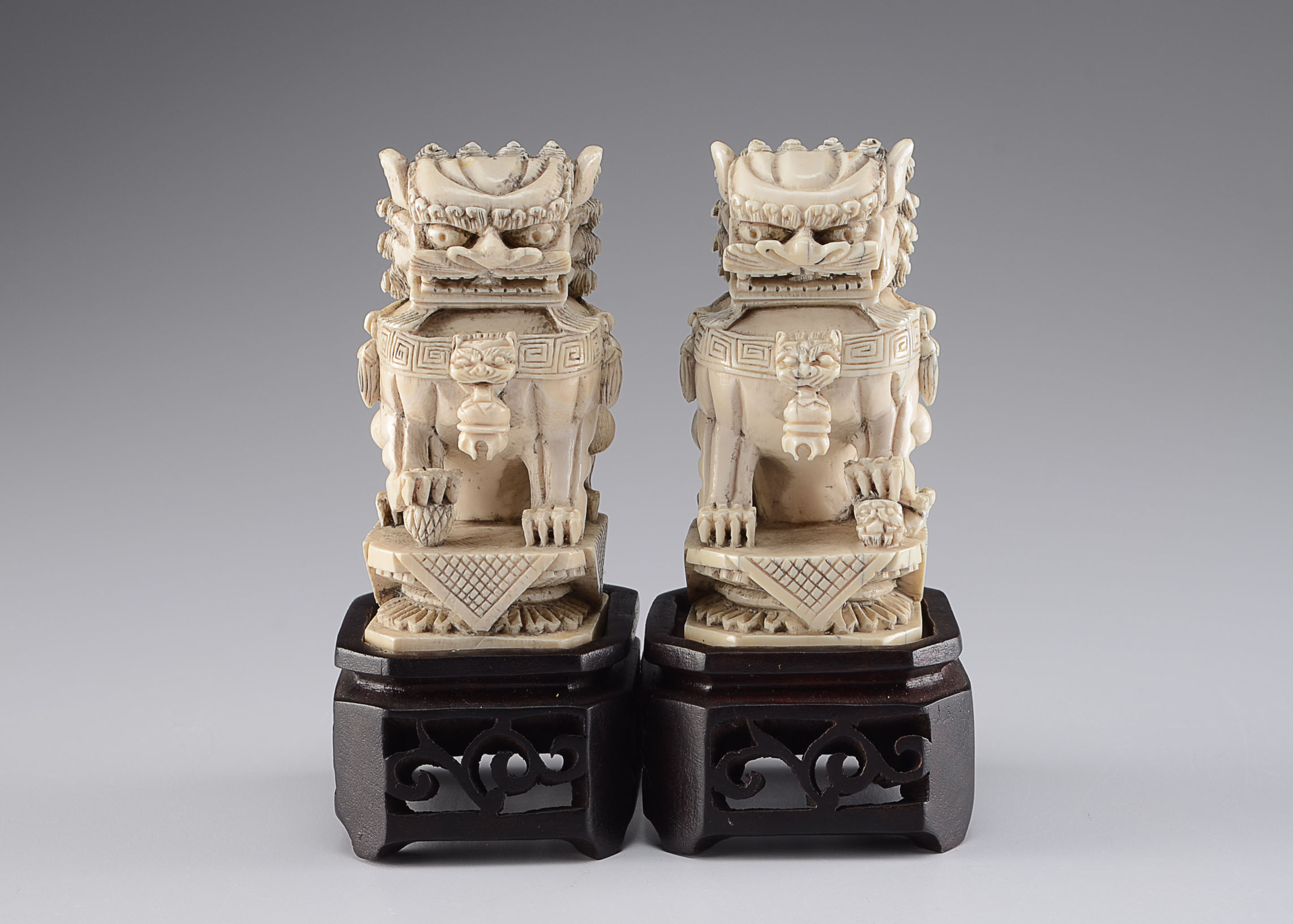 Exquisite Vintage Chinese Ivory Foo Lions with Wooden Stands