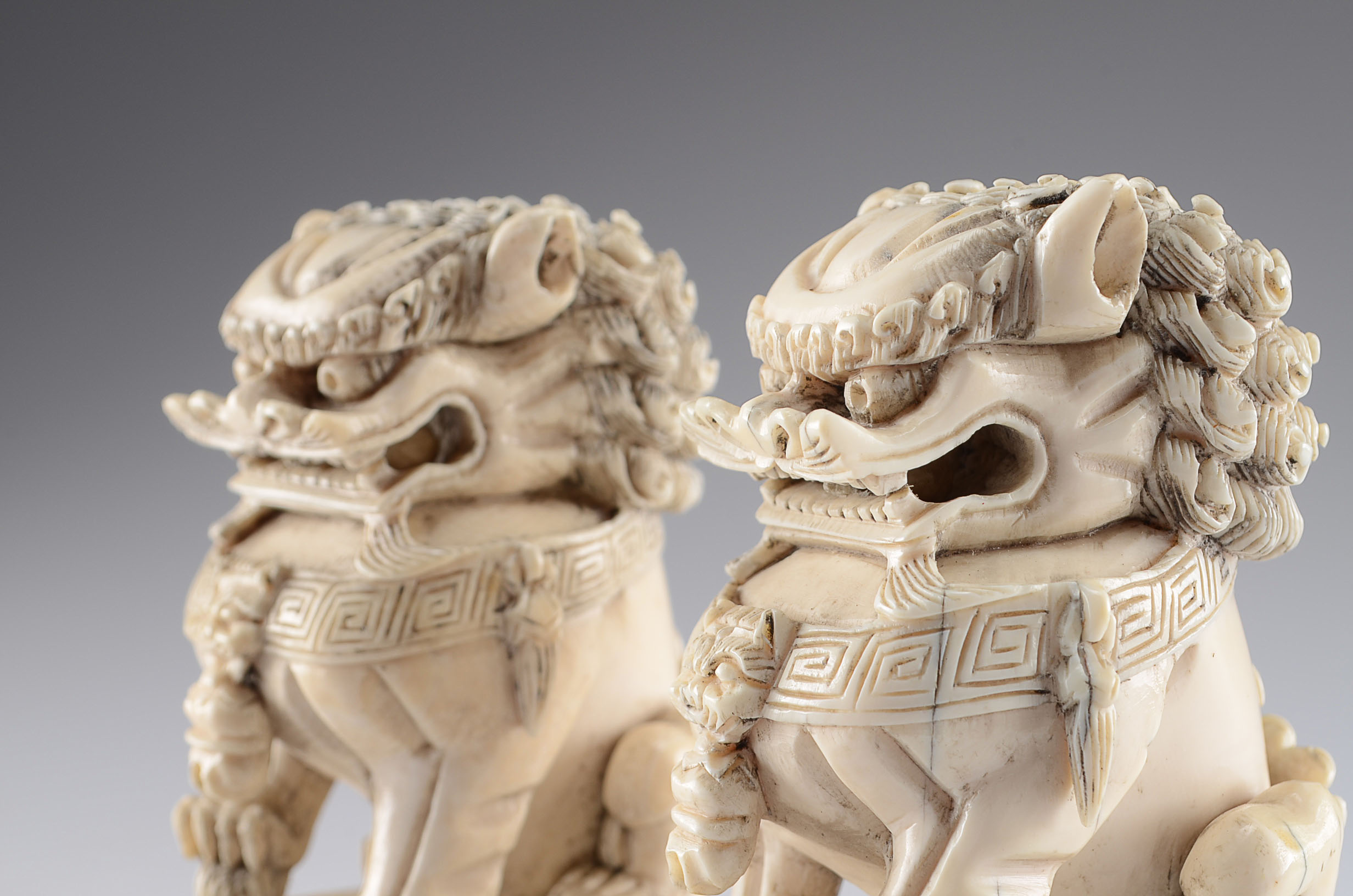 Exquisite Vintage Chinese Ivory Foo Lions with Wooden Stands