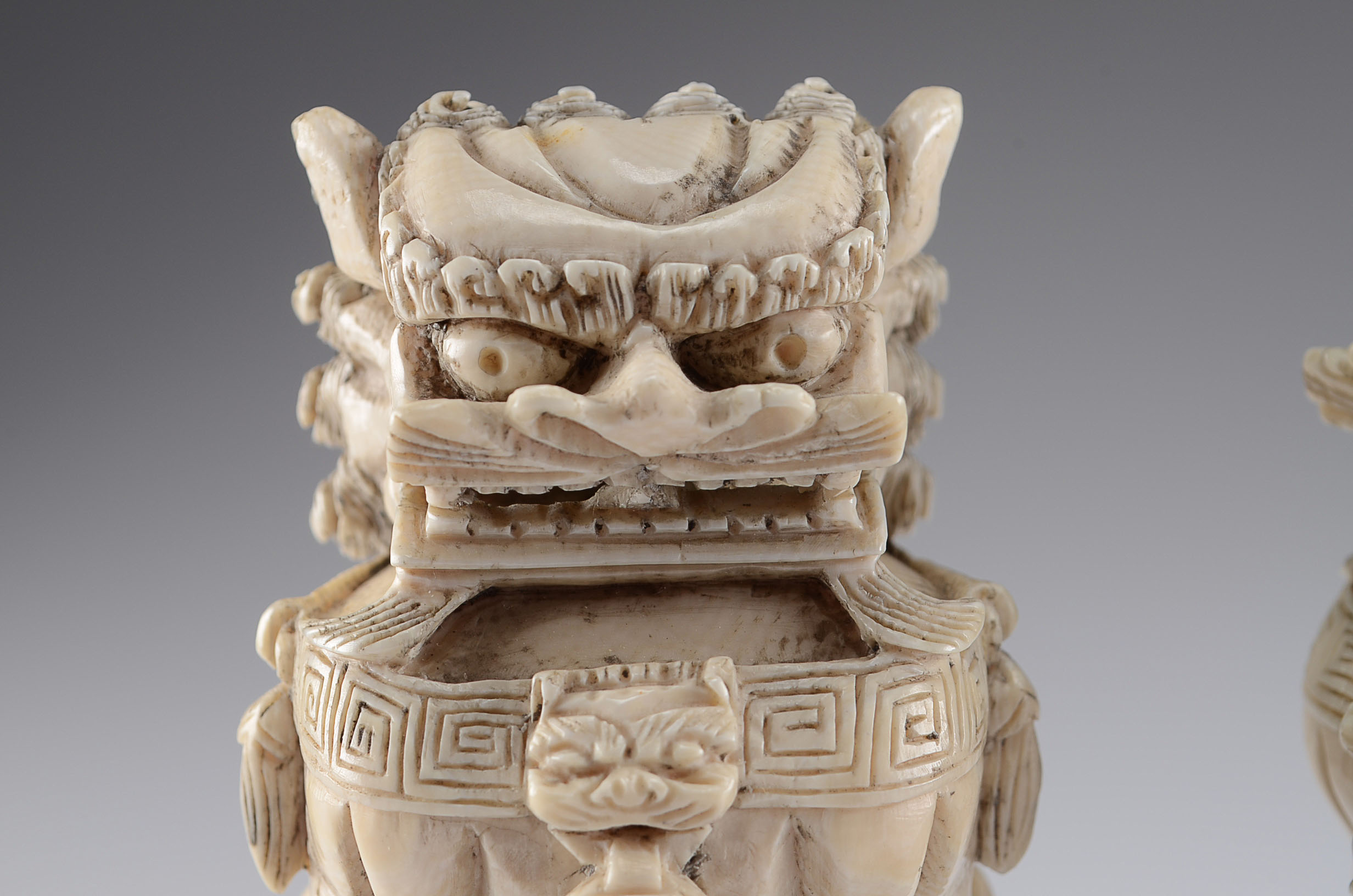 Exquisite Vintage Chinese Ivory Foo Lions with Wooden Stands