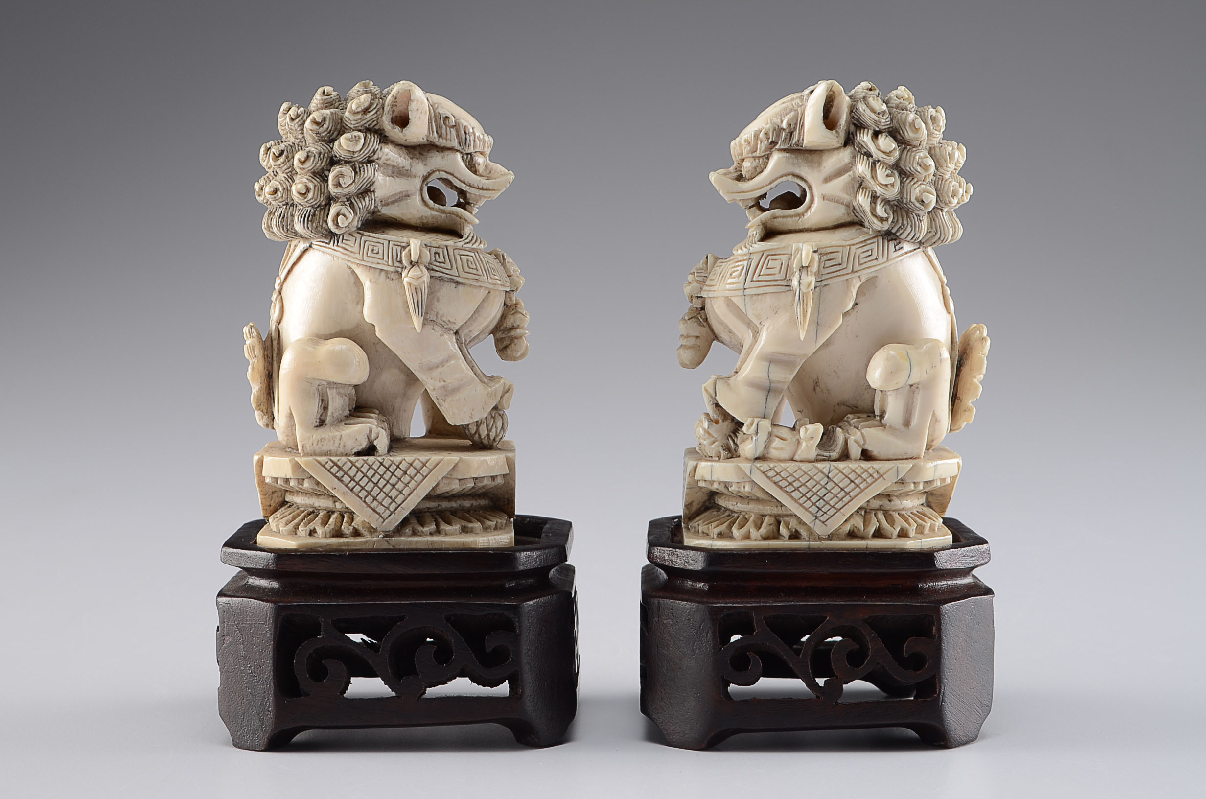 Exquisite Vintage Chinese Ivory Foo Lions with Wooden Stands