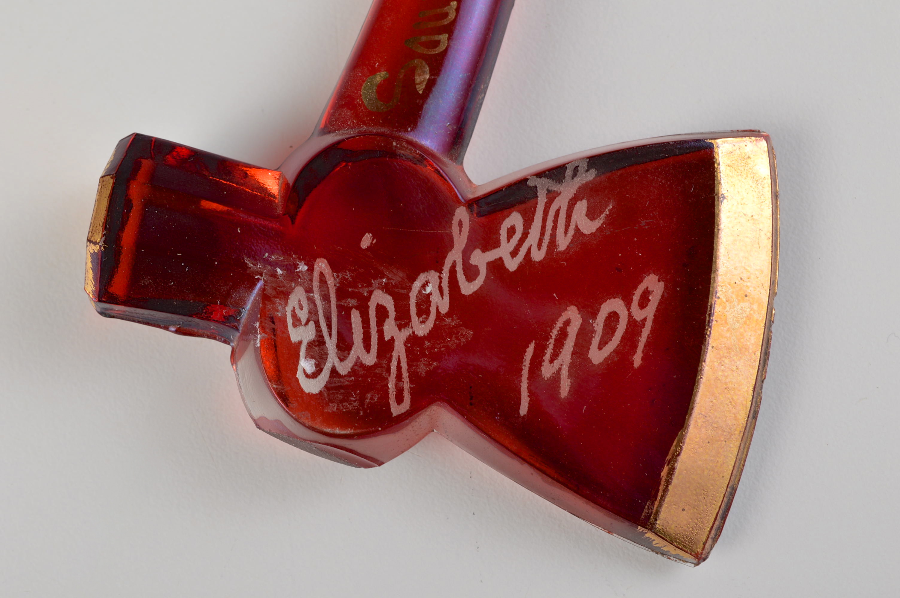 1909 Ruby Flash Souvenir Glass Hatchet 