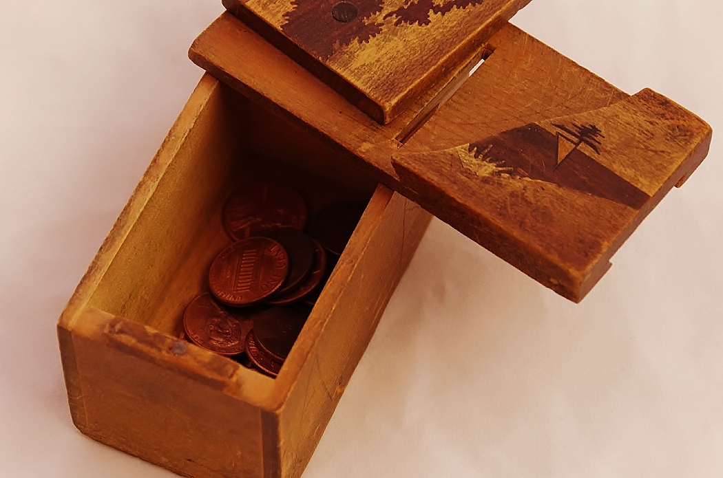 Chinese Puzzle Box and Bank with Inlaid Wood Top