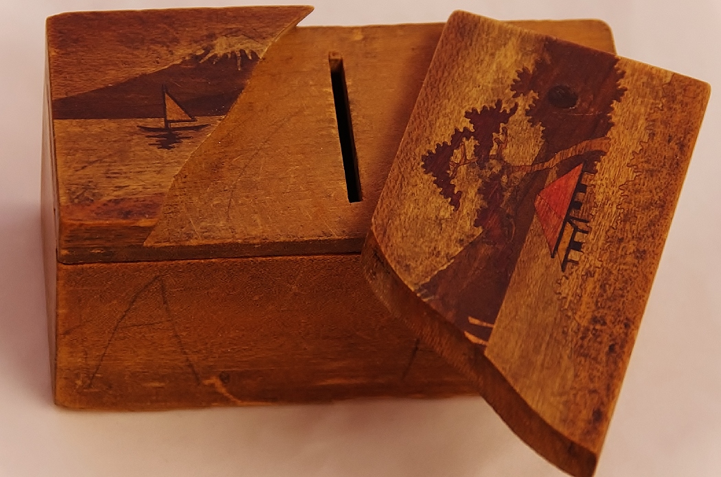 Chinese Puzzle Box and Bank with Inlaid Wood Top