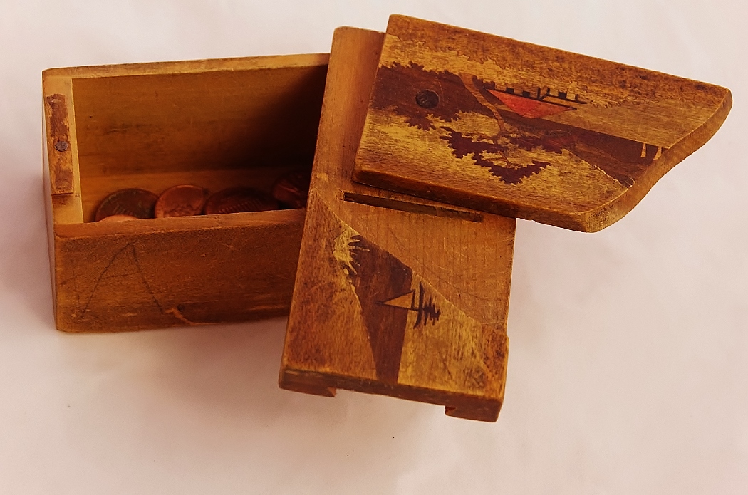 Chinese Puzzle Box and Bank with Inlaid Wood Top