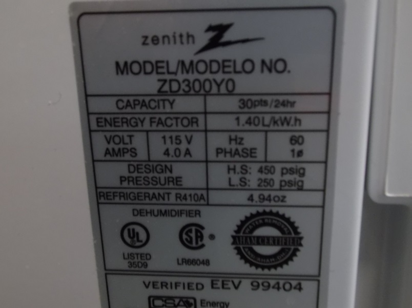 Zenith Dehumidifier 