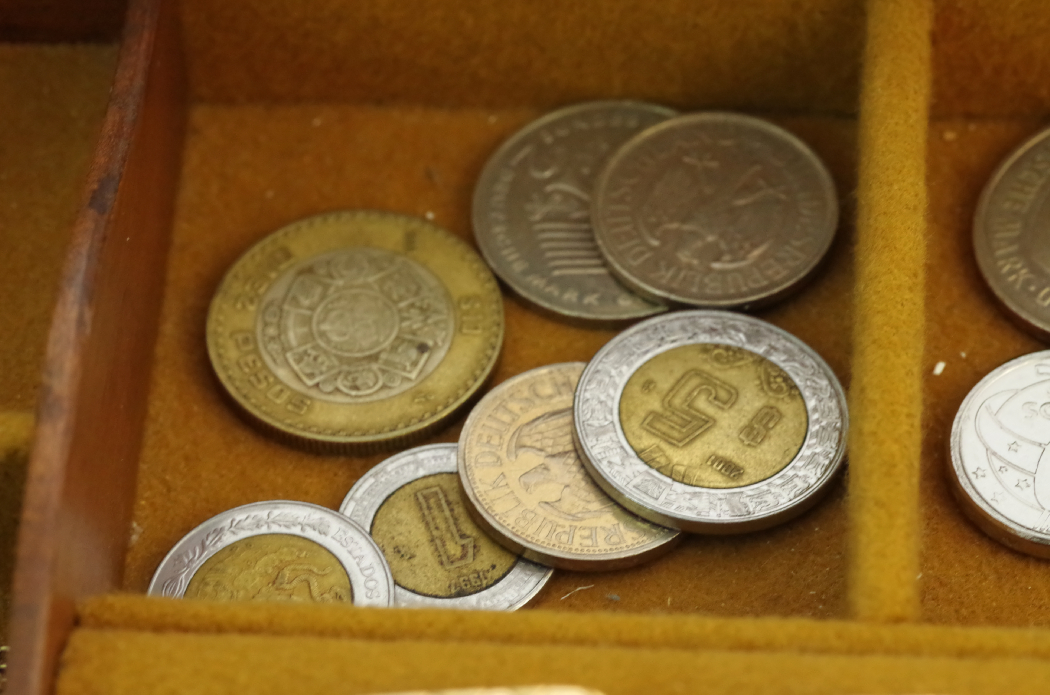 Cherry Box with Decorative Hinges Filled with Cufflinks, Coins and Jewerly