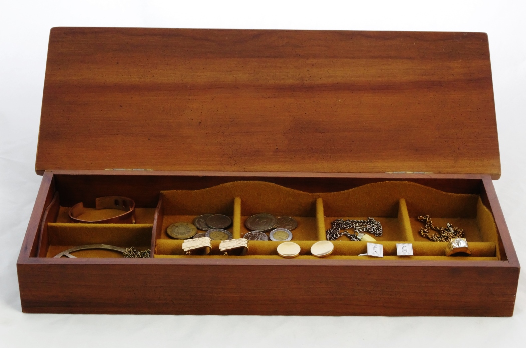 Cherry Box with Decorative Hinges Filled with Cufflinks, Coins and Jewerly