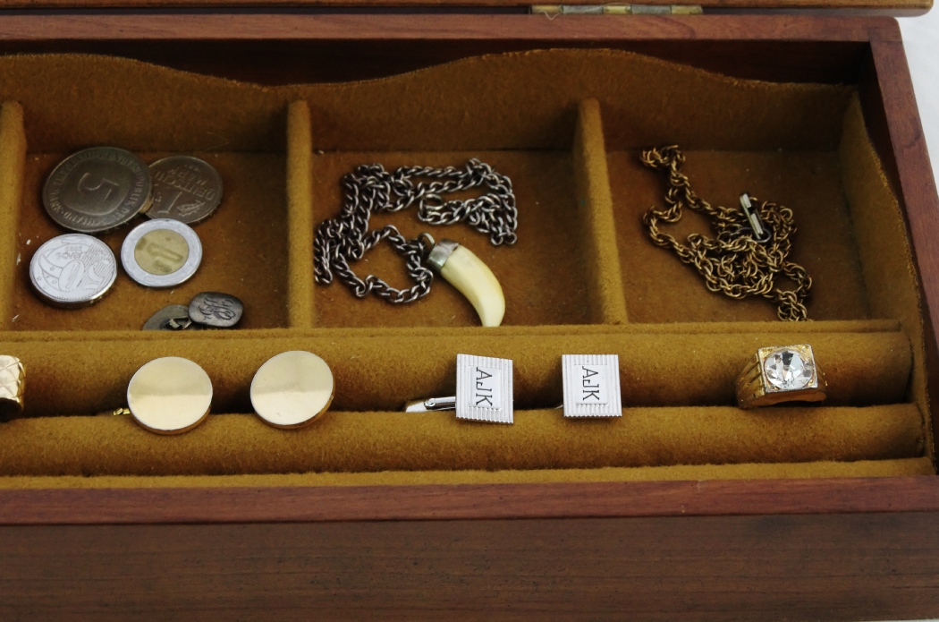 Cherry Box with Decorative Hinges Filled with Cufflinks, Coins and Jewerly
