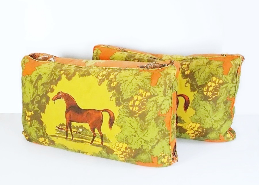 A Pair of Charming Vintage Pillow in a Cotton Horse and Grapes Fabric