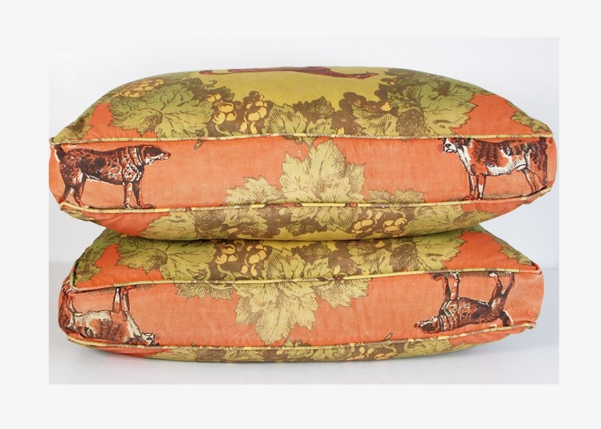 A Pair of Charming Vintage Pillow in a Cotton Horse and Grapes Fabric