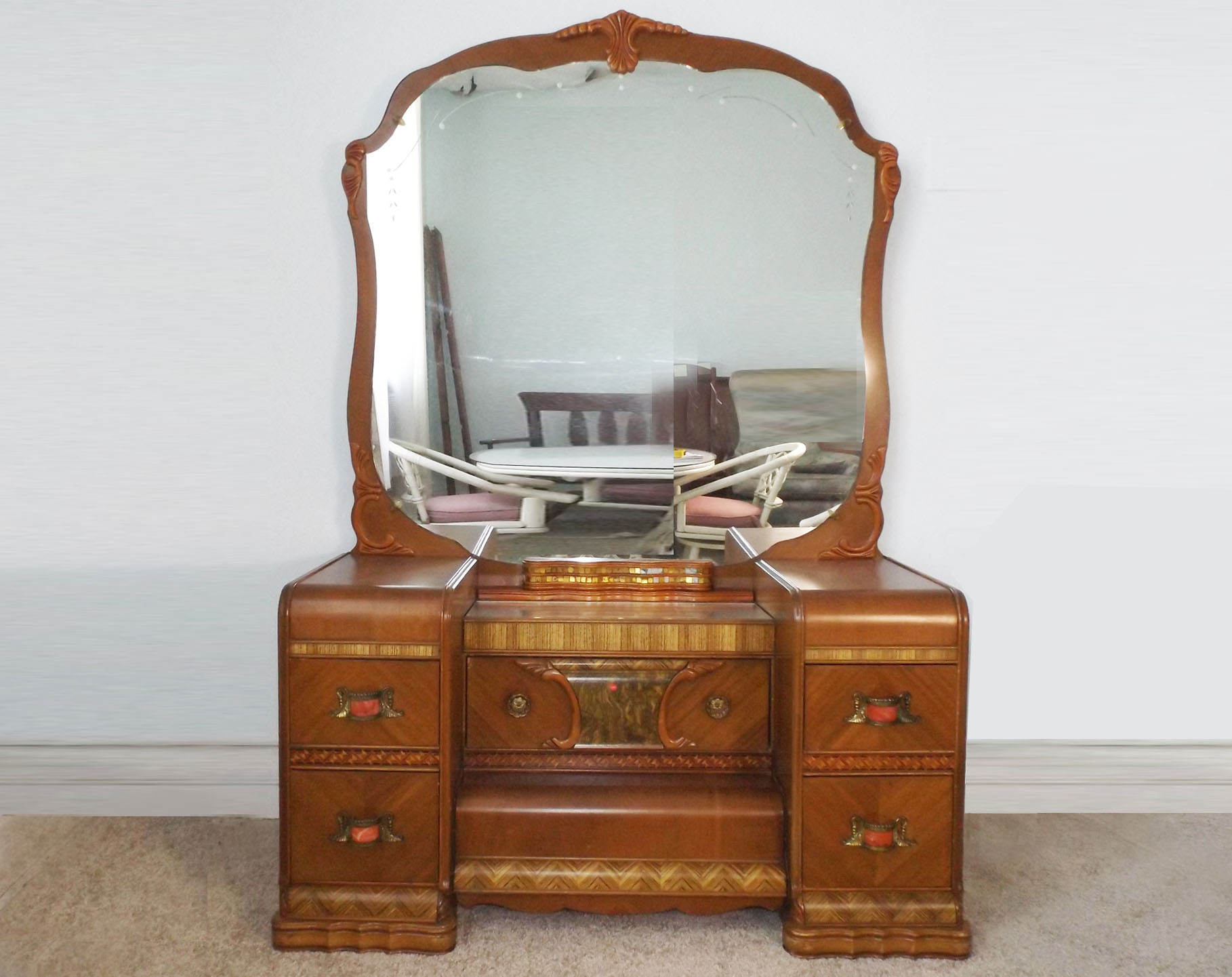 A Spectacular Art Deco Waterfall Vanity Dresser with Bench