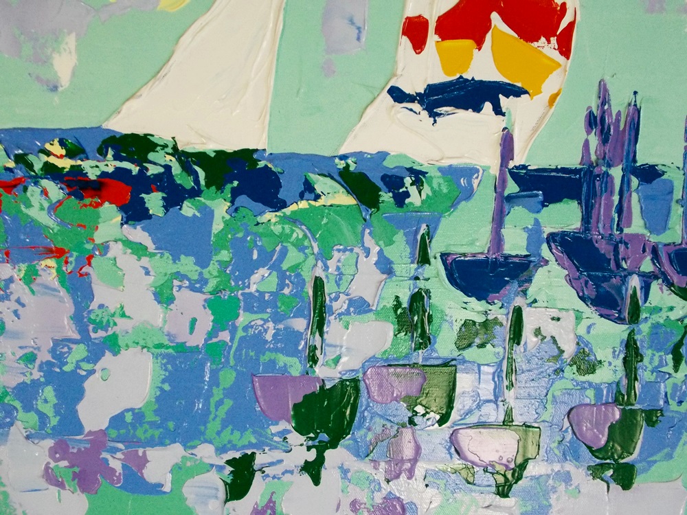 An Original Gayle Hummel Painting of a Women in a Red Dress Enjoying the Beach