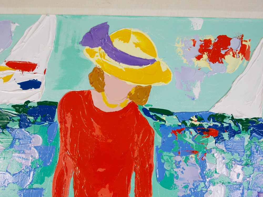 An Original Gayle Hummel Painting of a Women in a Red Dress Enjoying the Beach