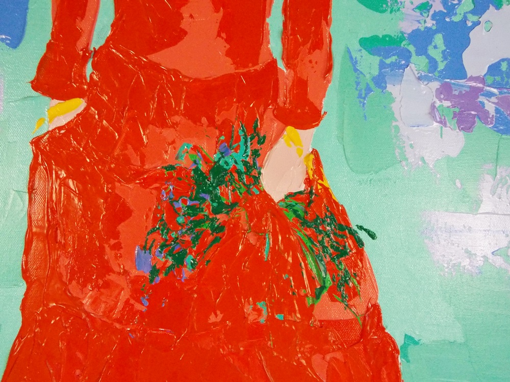 An Original Gayle Hummel Painting of a Women in a Red Dress Enjoying the Beach