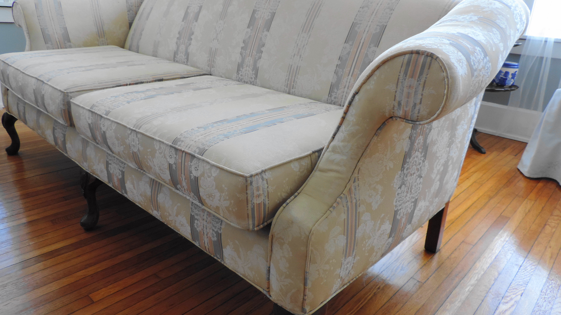 Camel Back Sofa with Rolled Arms