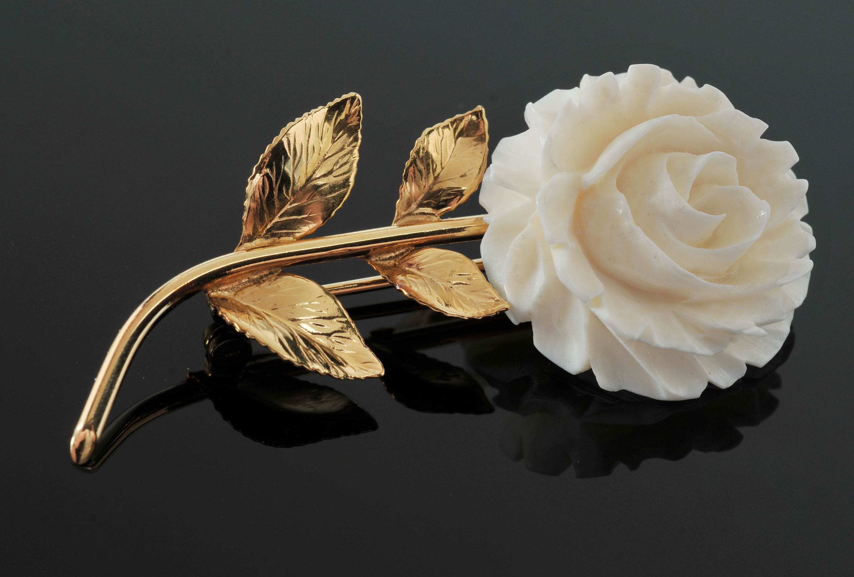 Two Vintage Karen Lynne Signed Faux Ivory 14 K Yellow Gold Filled Rose Brooches 