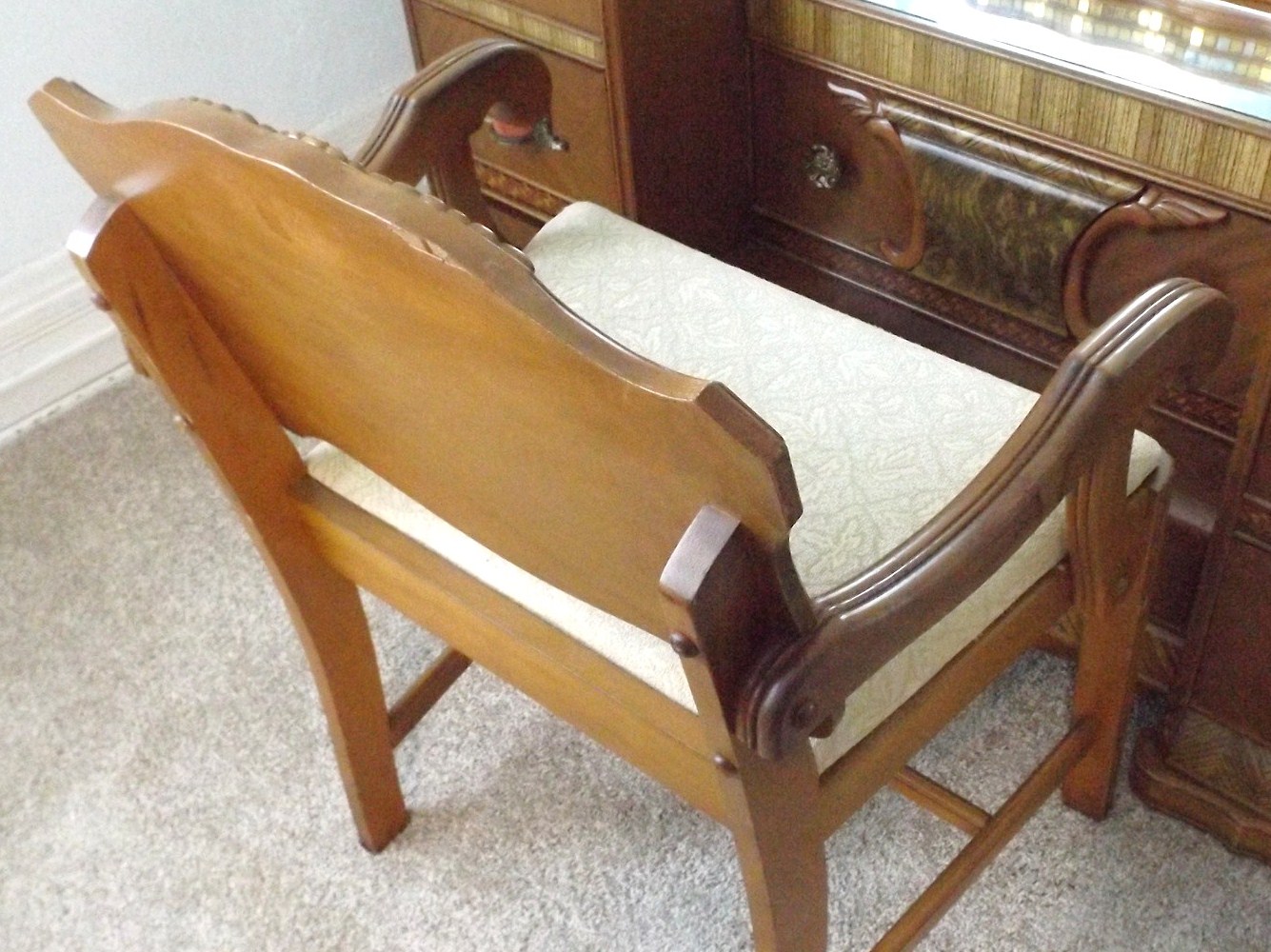 A Spectacular Art Deco Waterfall Vanity Dresser with Bench