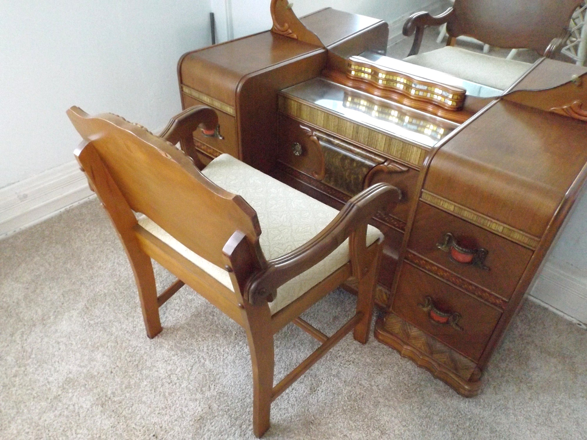 A Spectacular Art Deco Waterfall Vanity Dresser with Bench