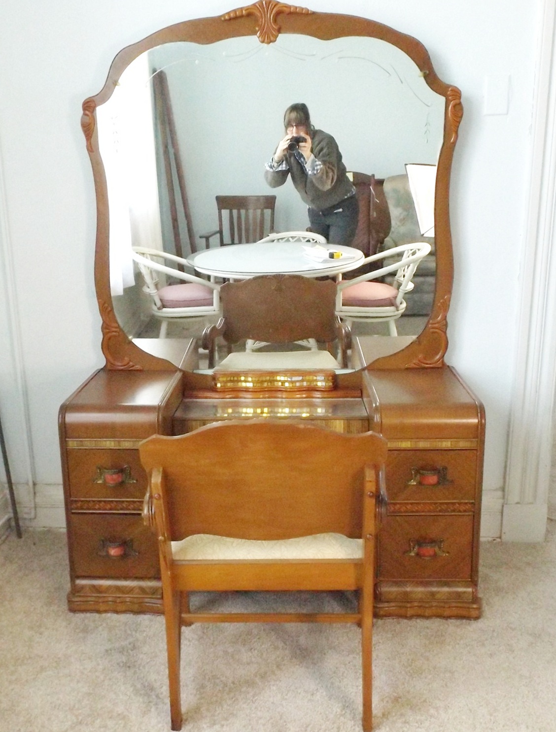 A Spectacular Art Deco Waterfall Vanity Dresser with Bench