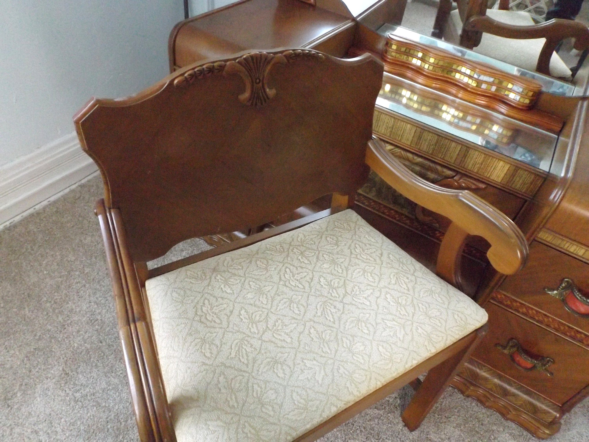 A Spectacular Art Deco Waterfall Vanity Dresser with Bench