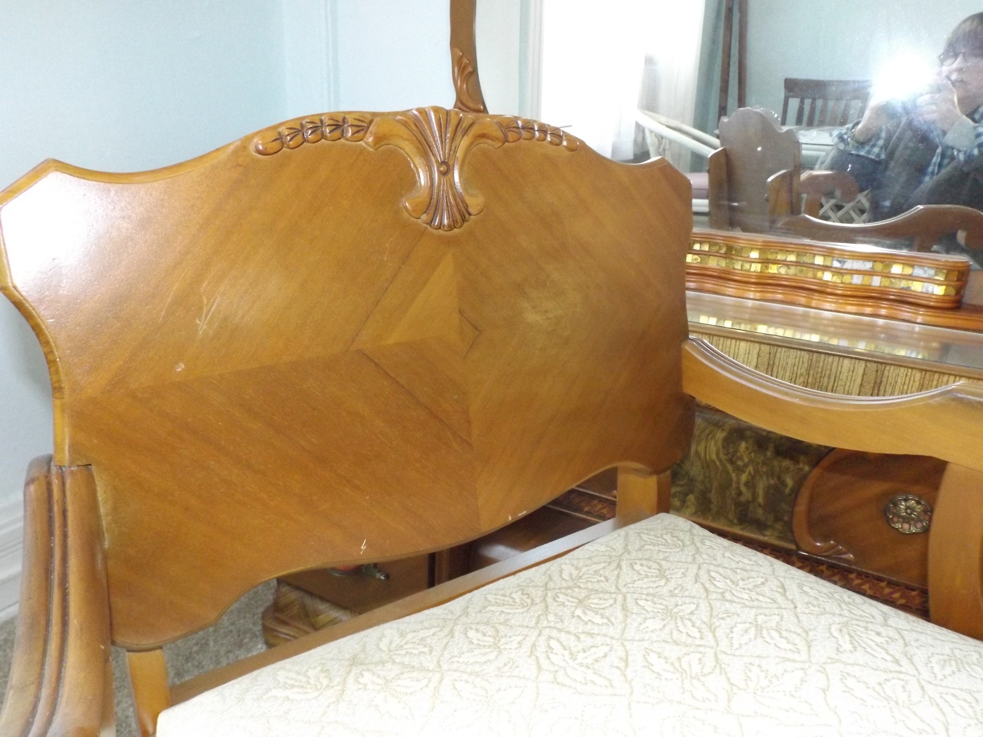 A Spectacular Art Deco Waterfall Vanity Dresser with Bench