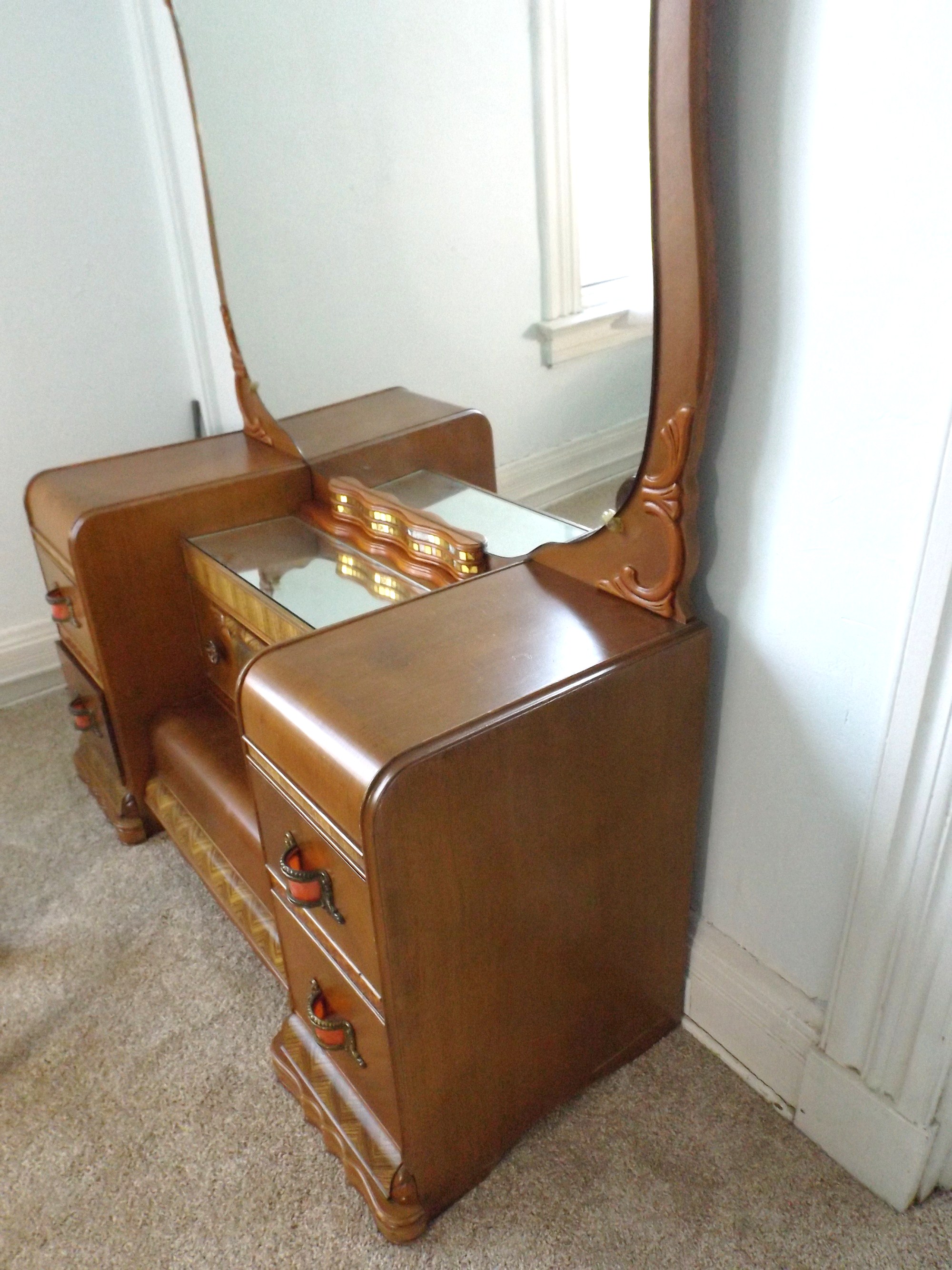 A Spectacular Art Deco Waterfall Vanity Dresser with Bench