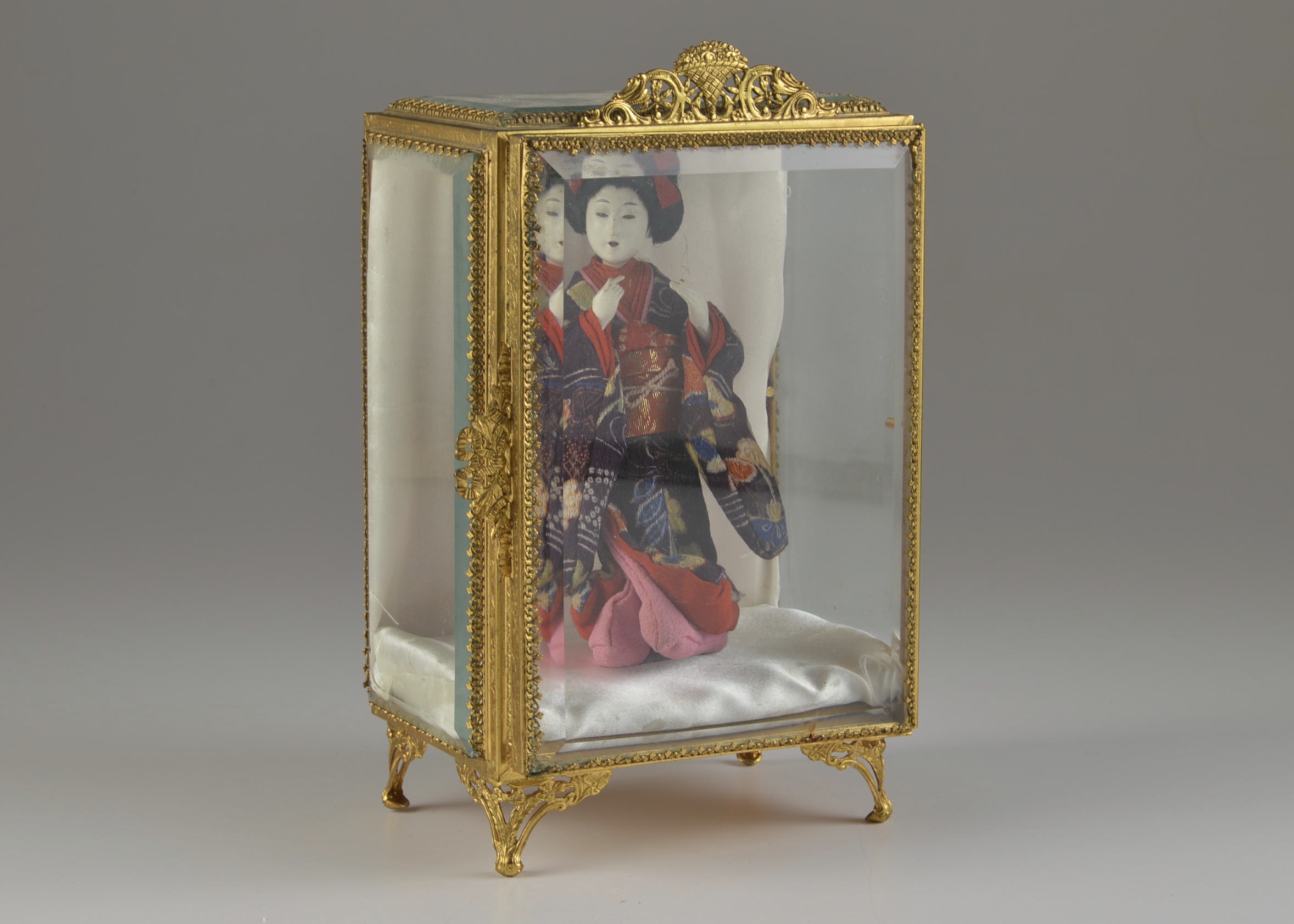 Asian Doll in Beautiful Beveled Glass Display Case