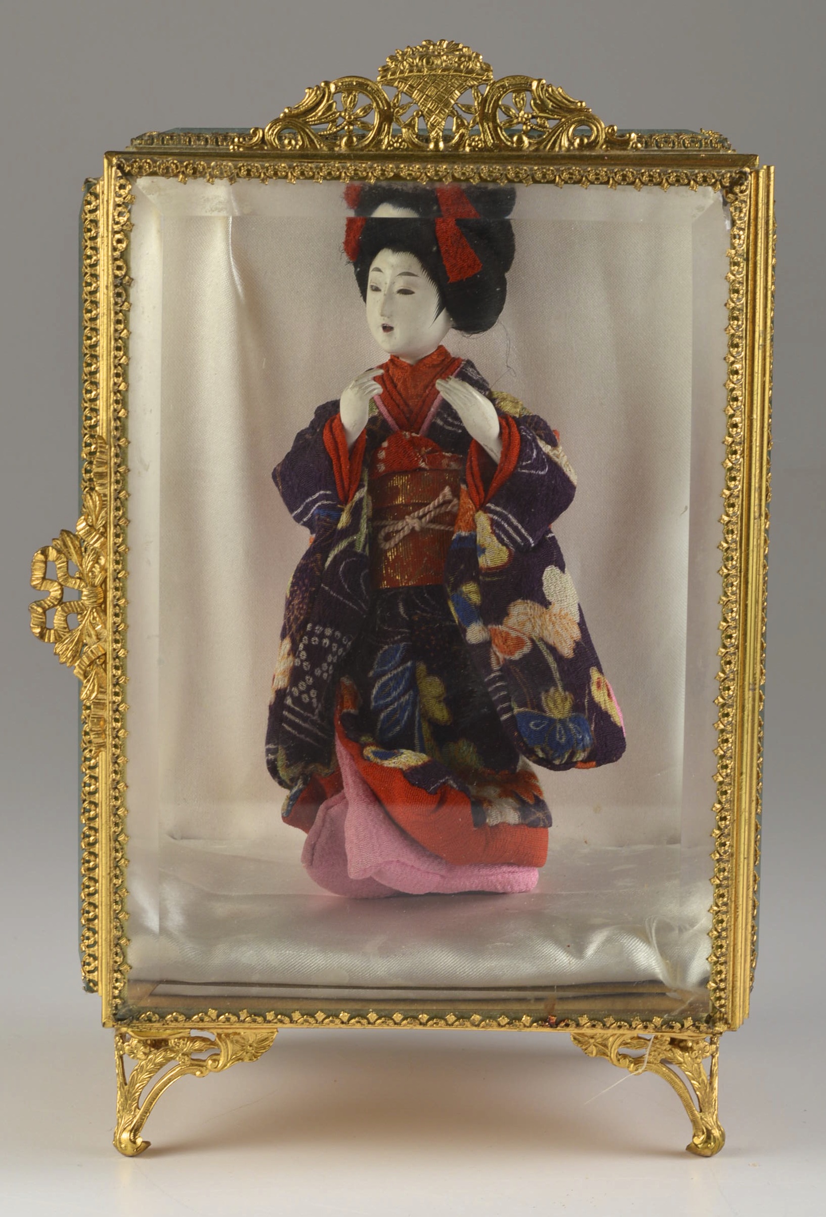 Asian Doll in Beautiful Beveled Glass Display Case