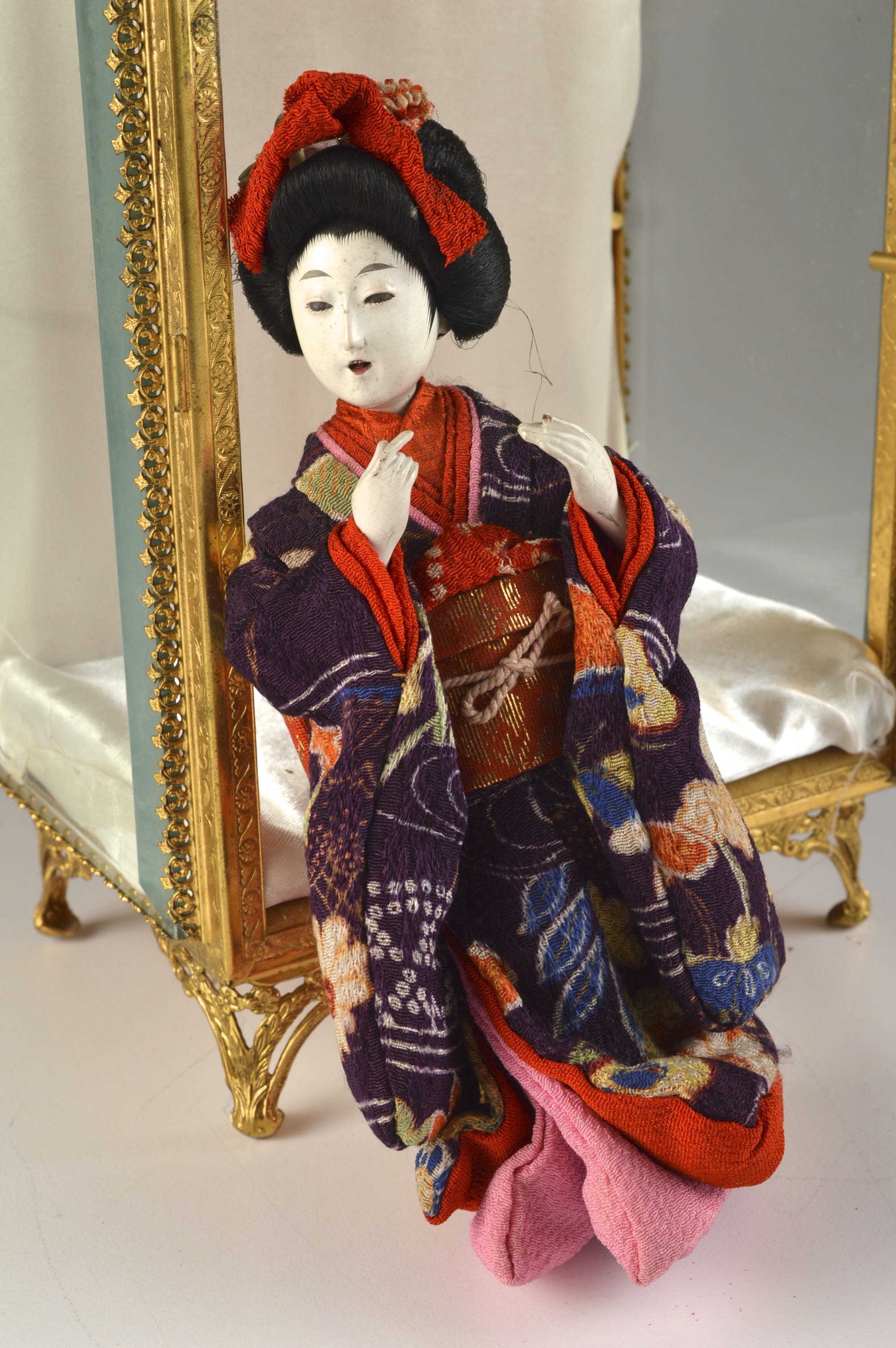 Asian Doll in Beautiful Beveled Glass Display Case